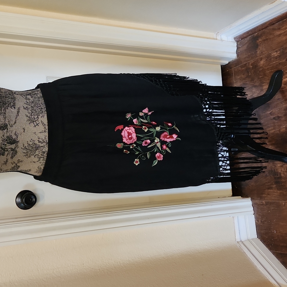 Fringe and Rose Embroidered Skirt